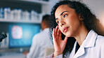 Headache, woman and scientist in laboratory with stress for medical research, study or project. Migraine, burnout and female biologist working on pharmaceutical experiment with brain fog or fatigue.