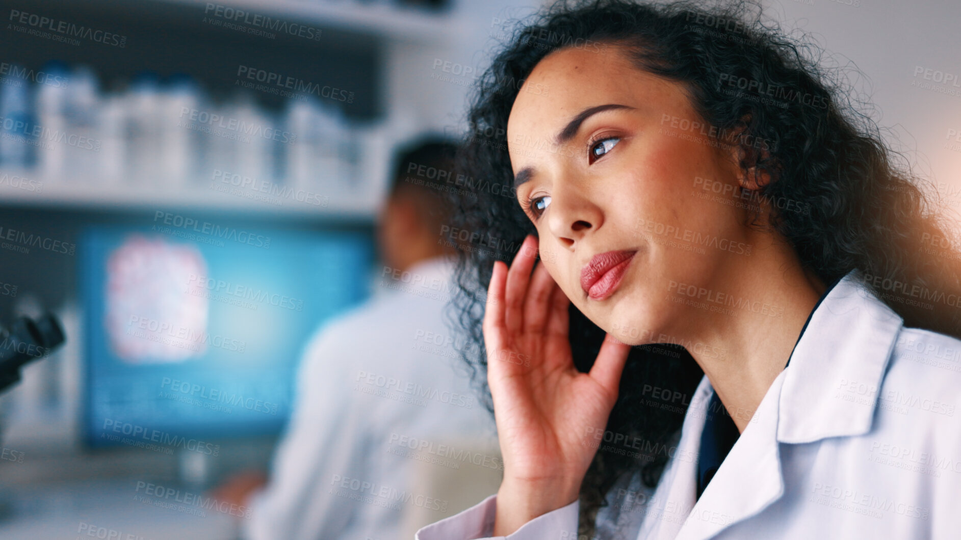 Buy stock photo Headache, woman and scientist in laboratory with stress for medical research, study or project. Migraine, burnout and female biologist working on pharmaceutical experiment with brain fog or fatigue.