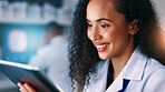 Happy, science and woman in lab on tablet for medical results, clinical trial and vaccine success. Healthcare, pharmaceutical and person on tech for evaluation, data analysis and medicine discovery