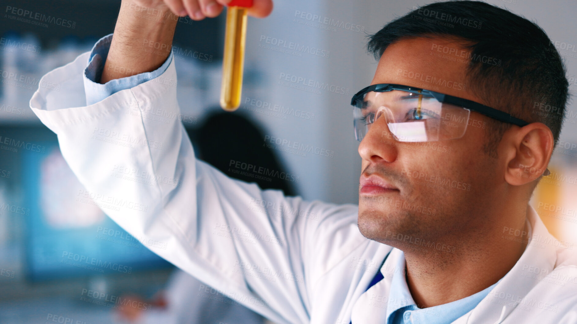 Buy stock photo Sample, science and man in lab, research and test tube for cure development, results and safety. Scientist, employee and person in workplace, DNA analysis and medical service for innovation and study