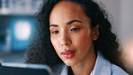 Science, research and woman in lab on tech for medical review, innovation and vaccine development. Healthcare, pharmaceutical and person online for clinical trial, data analysis and medicine study