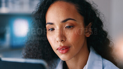 Buy stock photo Science, research and woman in lab on tech for medical review, innovation and vaccine development. Healthcare, pharmaceutical and person online for clinical trial, data analysis and medicine study