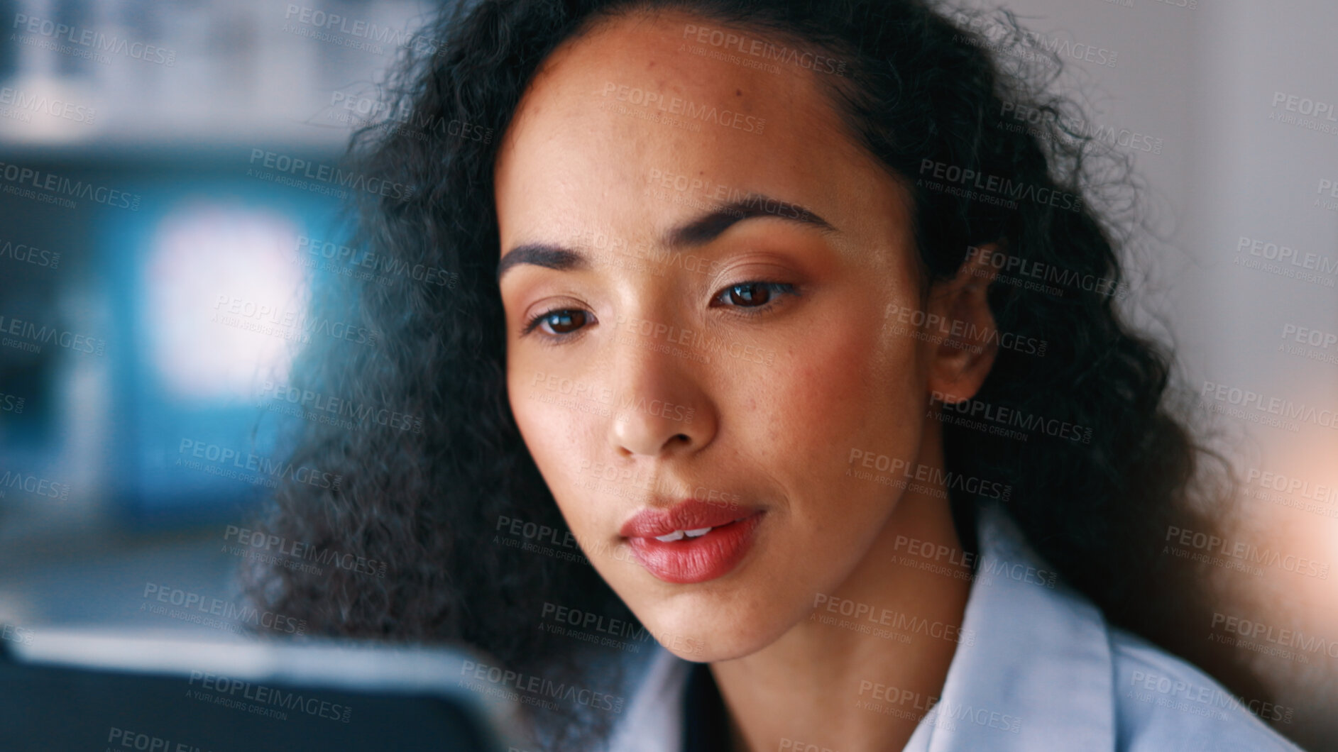 Buy stock photo Science, research and woman in lab on tech for medical review, innovation and vaccine development. Healthcare, pharmaceutical and person online for clinical trial, data analysis and medicine study