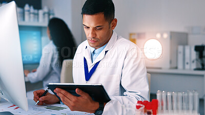 Buy stock photo Writing, science and man in lab on tablet for medical review, research and vaccine development. Healthcare, pharmaceutical and person on tech for clinical trial, data analysis and medicine evaluation