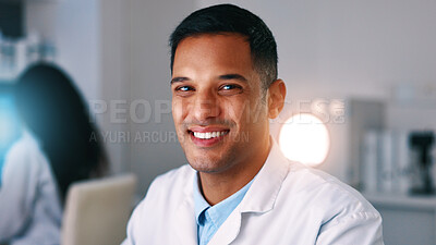 Buy stock photo Happy, man and scientist with portrait in lab for research, medical study and experiment. Male person, coworking and science investigation for biotechnology, pharmaceutical and vaccine development