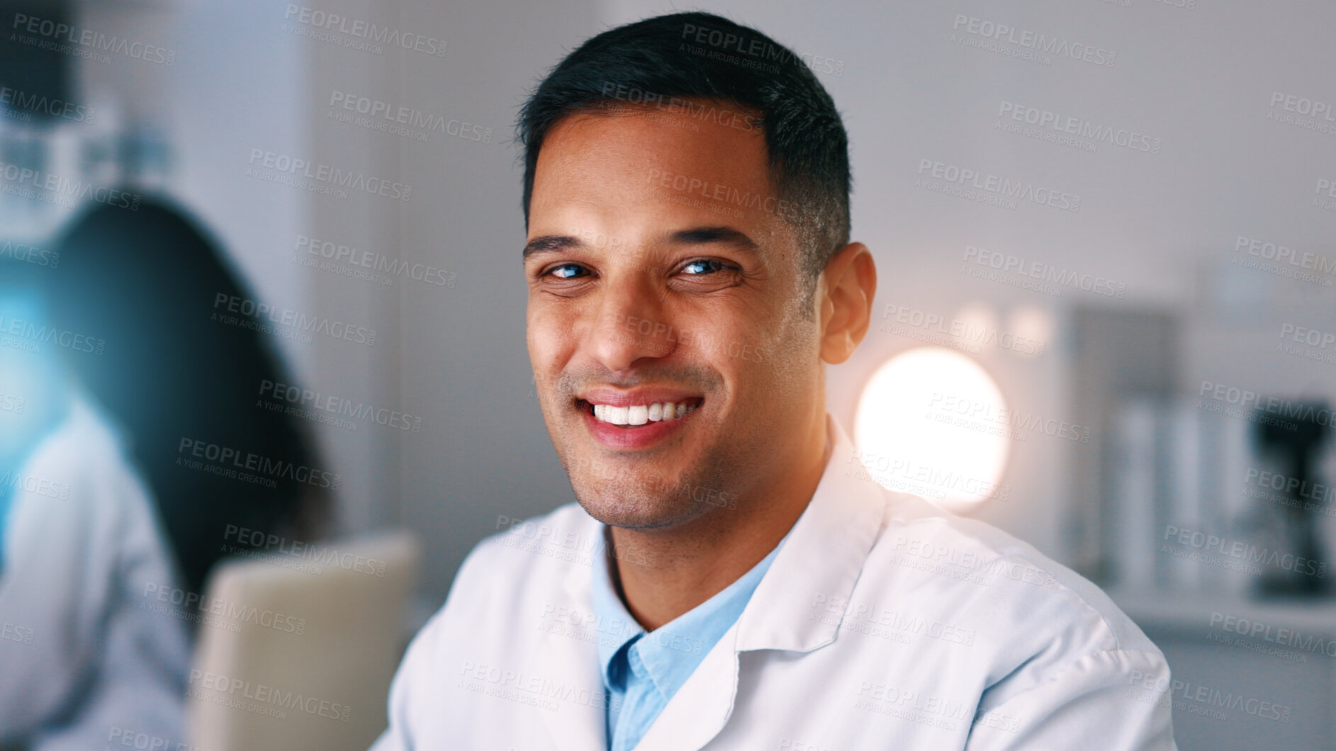 Buy stock photo Happy, man and scientist with portrait in lab for research, medical study and experiment. Male person, coworking and science investigation for biotechnology, pharmaceutical and vaccine development