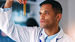 Sample, science and man in lab, research for DNA test and cure development for illness. Scientist, employee and person in workplace, face mask for safety and medical service for vaccine and results