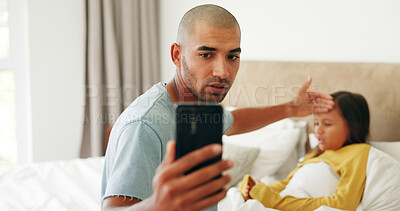 Buy stock photo Sick, video call and father in bedroom, girl and fever with support, conversation and cold. Family, dad and daughter in home, phone for virtual consultation and app for online chatting and illness