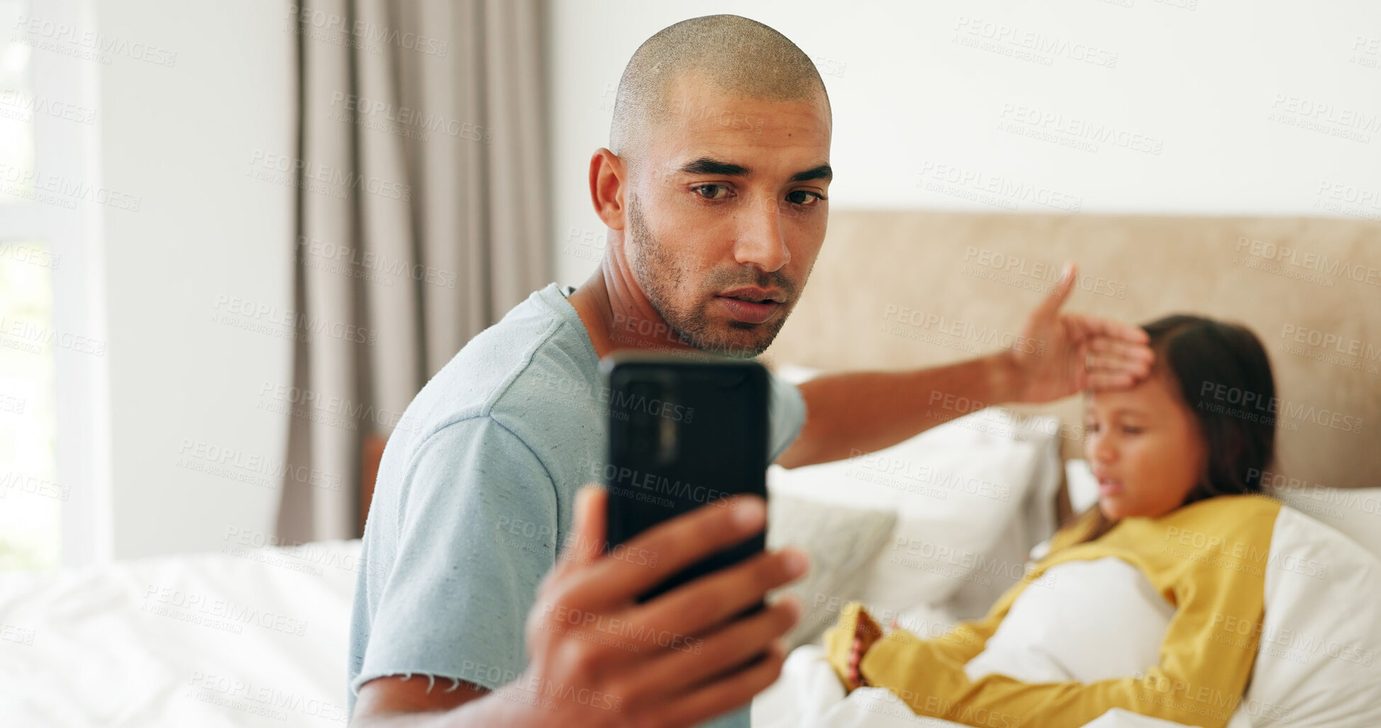 Buy stock photo Sick, video call and father in bedroom, girl and fever with support, conversation and cold. Family, dad and daughter in home, phone for virtual consultation and app for online chatting and illness