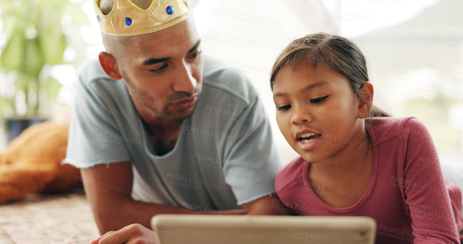 Buy stock photo Love, dad or girl on floor with tablet, cartoon streaming or bonding together with movie binge. Digital, man or child in house with tech, multimedia subscription or family connection in living room.