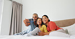 Selfie, parents and girl in bedroom, smile and bonding together with profile picture. Happy family, mother and father in home, daughter and capture moment with care, memory for love, relax or comfort