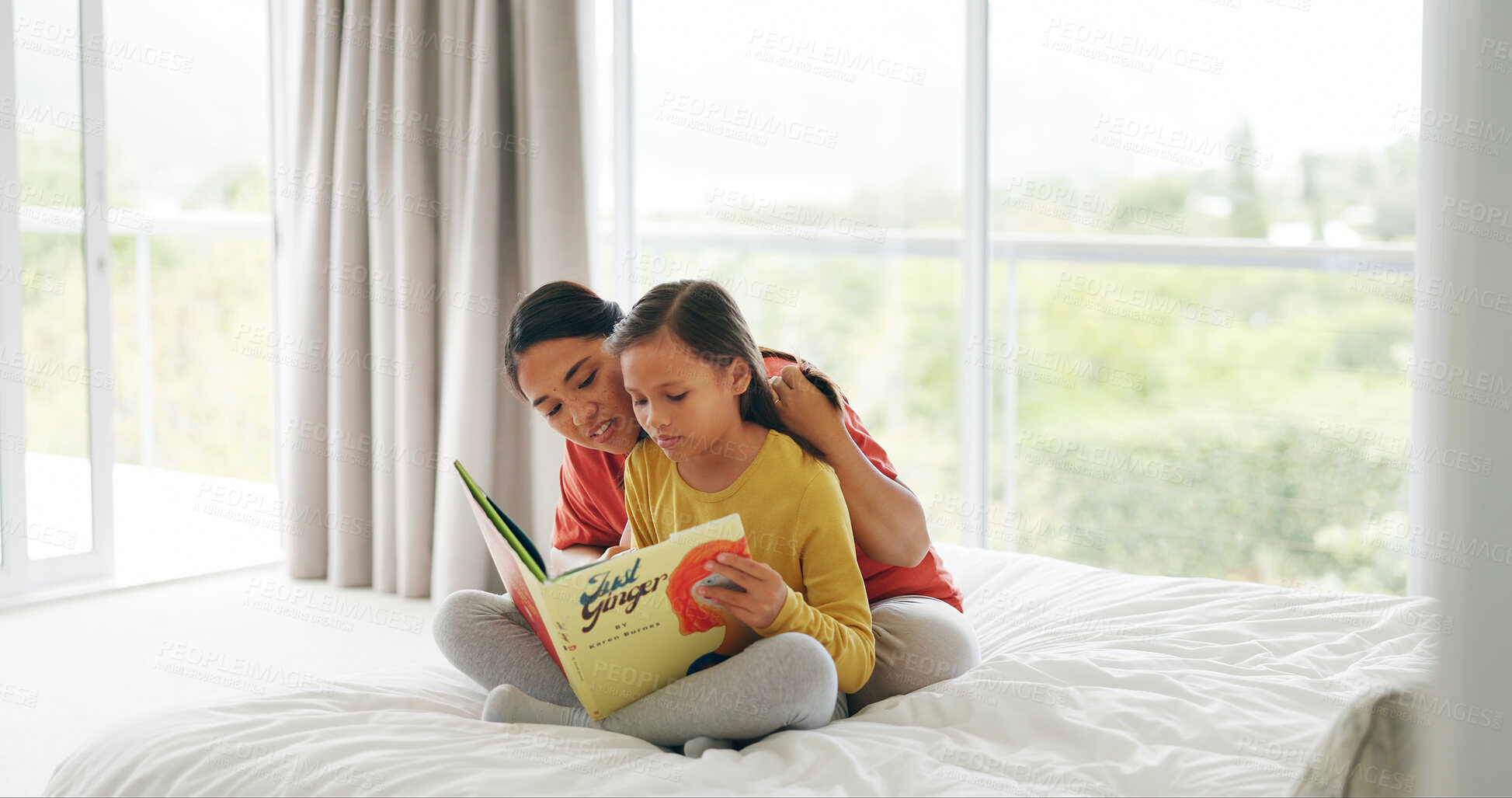 Buy stock photo Mom, reading and child with book on bed for story time, education or learning together in home. Mother, helping and daughter with novel, fantasy or knowledge for literature or development in bedroom