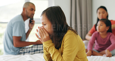 Buy stock photo Sick, child and blowing nose in bedroom with allergy, virus infection or medical problem in home. Girl, kid and tissue paper for flu in house with family for cold, bacteria and health risk with fever