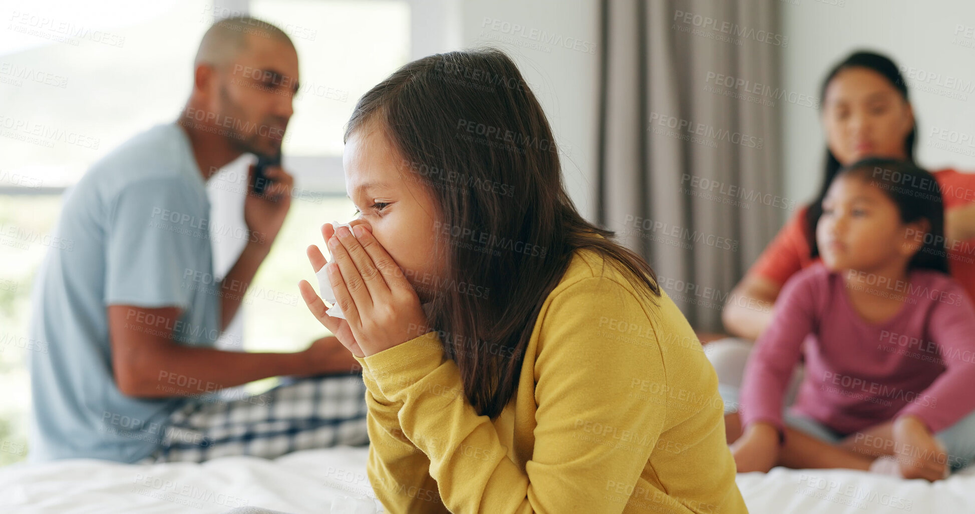 Buy stock photo Sick, child and blowing nose in bedroom with allergy, virus infection or medical problem in home. Girl, kid and tissue paper for flu in house with family for cold, bacteria and health risk with fever