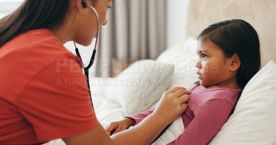 Buy stock photo Mom, sick and child with heart beat in bed for influenza, healthcare or exam in home. Mother, kid or checking daughter with stethoscope or test for flu symptom, fever or treatment in bedroom or house