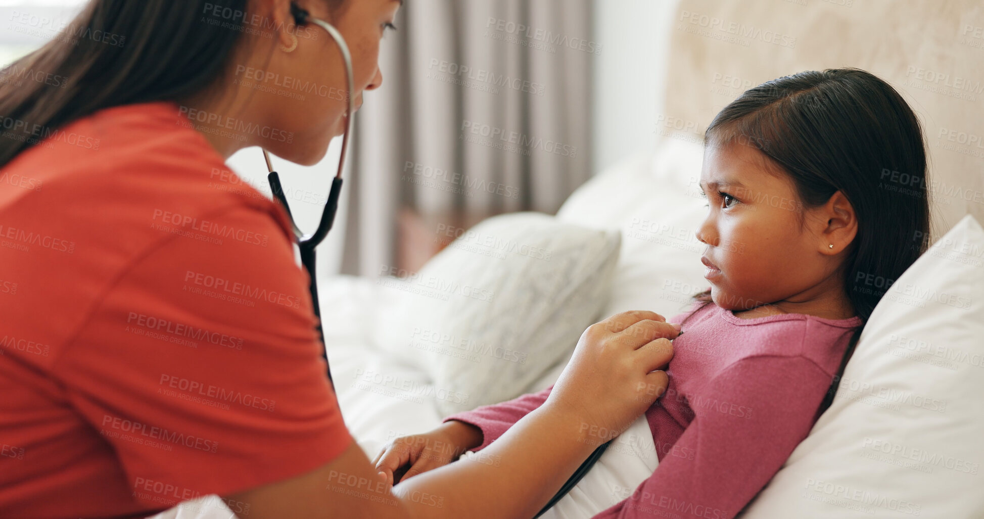 Buy stock photo Mom, sick and child with heart beat in bed for influenza, healthcare or exam in home. Mother, kid or checking daughter with stethoscope or test for flu symptom, fever or treatment in bedroom or house