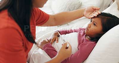 Buy stock photo Mom, sick and child with thermometer in bed for influenza, healthcare or exam in home. Mother, kid or checking daughter forehead with temperature for flu symptom, fever or illness in bedroom or house
