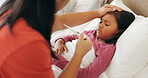 Mom, sick and child with thermometer in bed for fever, temperature or results in home. Mother, kid or checking daughter with head cold for flu symptoms, childcare or influenza in bedroom or house