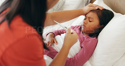 Buy stock photo Mom, sick and child with thermometer in bed for fever, temperature or results in home. Mother, kid or checking daughter with head cold for flu symptoms, childcare or influenza in bedroom or house