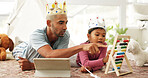 Crown, tablet and dad with child with abacus in home for skill, learning or development in math. Digital technology, counting tool and father with kid in living room for growth, bonding or education.