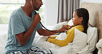 Dad, sick and child with heart beat in bed for influenza, healthcare or exam in home. Father, kid or checking daughter with stethoscope or test for flu symptom, fever or treatment in bedroom or house
