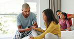 Diabetes, insulin and father with girl, test or monitor for blood sugar level and daily healthcare. Family, children and man with glucometer for daughter in bedroom with wellness and medical machine