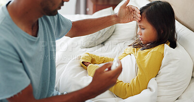 Buy stock photo Fever, temperature and father with girl for thermometer check, disease and healthcare in bed. Family, dad and feeling forehead of child in bedroom for flu virus, medical test or recovery in home
