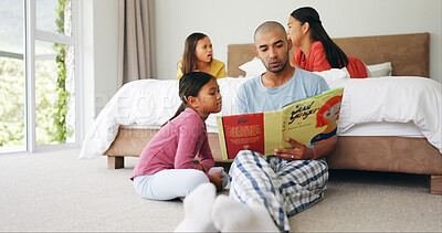 Buy stock photo Father, kid and reading book in bedroom for learning, storytelling and bonding together on floor. Dad, girl and literature in home for child development, language education and growth with family