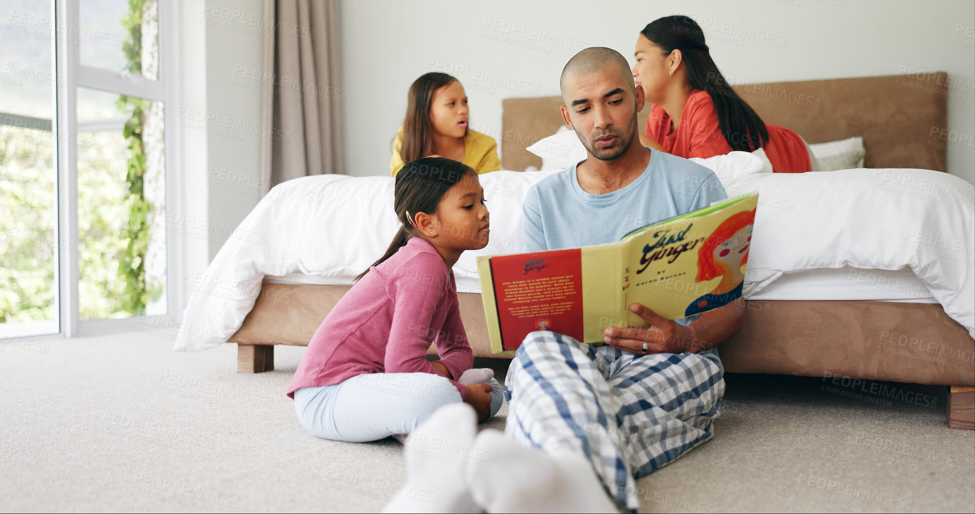 Buy stock photo Father, kid and reading book in bedroom for learning, storytelling and bonding together on floor. Dad, girl and literature in home for child development, language education and growth with family