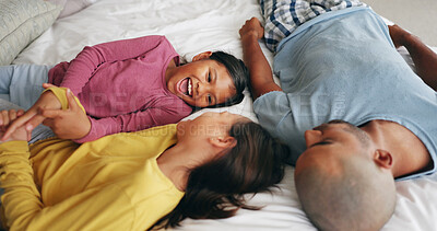 Buy stock photo Happy, dad or girls in bedroom with love, childcare or healthy relationship on weekend break. Smile, man or children in house with bonding, parenthood or family connection in childhood development.