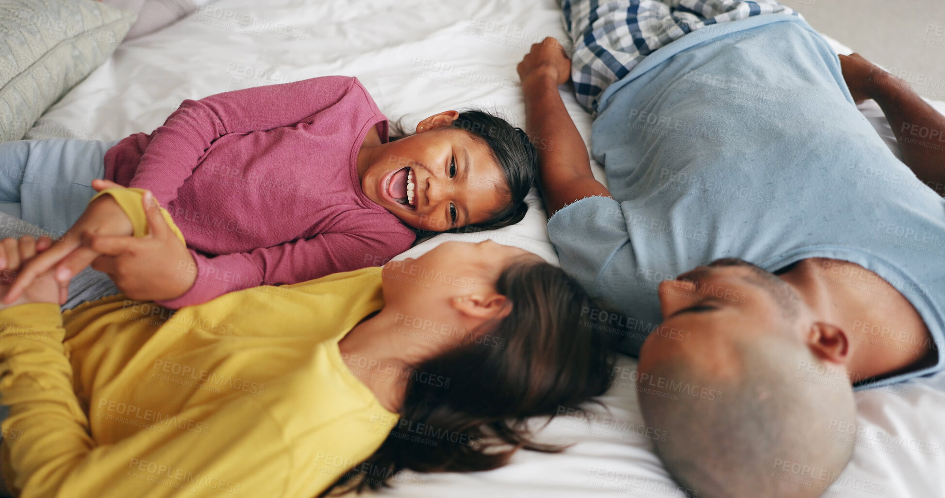 Buy stock photo Happy, dad or girls in bedroom with love, childcare or healthy relationship on weekend break. Smile, man or children in house with bonding, parenthood or family connection in childhood development.