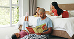 Dad, kid and reading book in bedroom for storytelling, education and bonding with parent on floor. Father, girl and literature in home for child development, learning language and growth with family