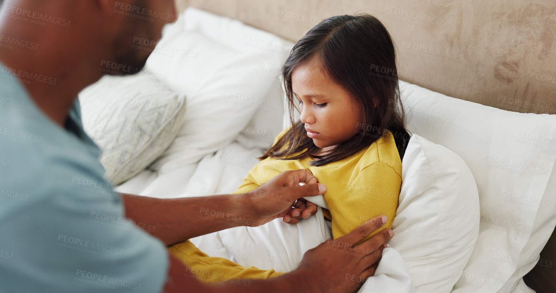 Buy stock photo Fever, temperature and dad with girl for thermometer test, disease and healthcare in bed. Family, father and armpit check with child in bedroom for flu, virus and parenting for recovery in home