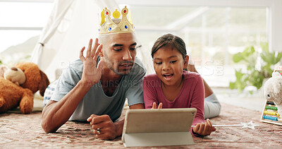 Buy stock photo Costume, watching and father with girl, tablet for educational games or subscription for entertainment. Home, dad or daughter with tech for online video, child development or digital app for learning