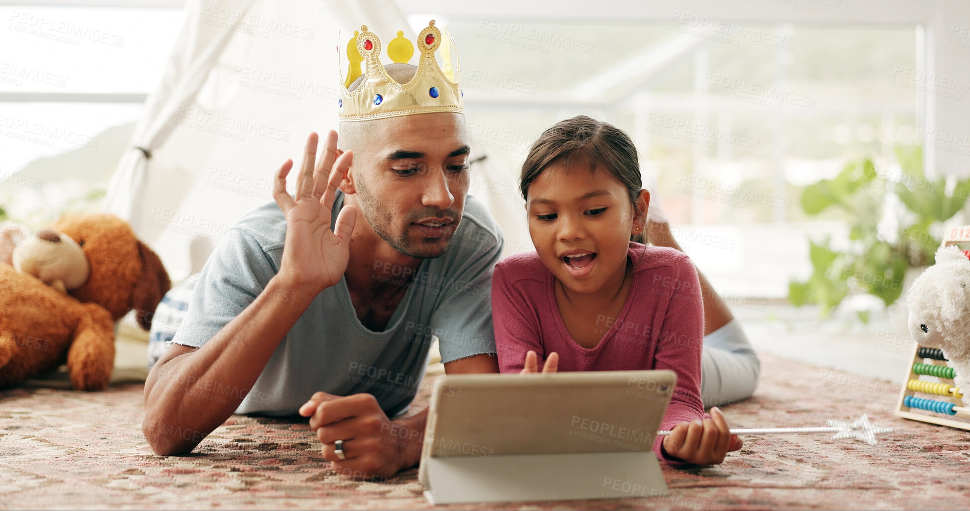 Buy stock photo Costume, watching and father with girl, tablet for educational games or subscription for entertainment. Home, dad or daughter with tech for online video, child development or digital app for learning