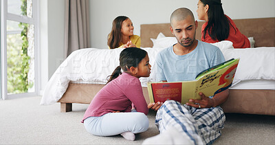 Buy stock photo Dad, kid and reading book in bedroom for learning, storytelling and bonding with parent on floor. Father, girl and literature in home for child development, language education and growth with family