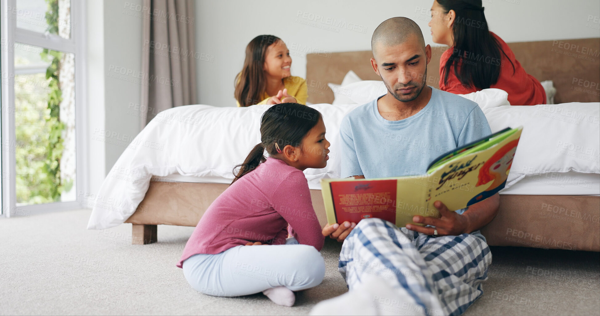 Buy stock photo Dad, kid and reading book in bedroom for learning, storytelling and bonding with parent on floor. Father, girl and literature in home for child development, language education and growth with family