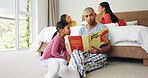 Father, daughter and reading in bedroom with book, bonding together and learning for development. Family, dad or children in home with mom, talk or storytelling for knowledge growth on weekend break.