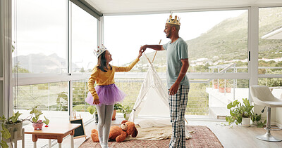 Buy stock photo Crown, father and child with dancing in home for fun bonding, fantasy dress up and support. Holding hands, happy dad and kid with costume for pretend play, royal performance and creative imagination