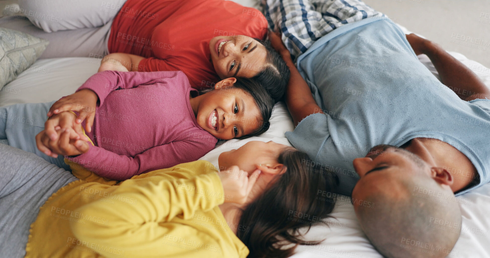 Buy stock photo Happy, parents or kids on bed with love, childcare or healthy relationship on weekend break. Smile, people or children in house with bonding, parenthood or family connection in childhood development.
