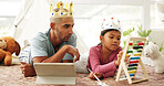 Crown, tablet and father with child with abacus in home for skill, learning or development in math. Digital technology, counting tool and dad with kid in living room for growth, bonding or education.