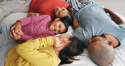 Buy stock photo Happy, parents or girls on bed with love, childcare or healthy relationship on weekend break. Smile, people or children in house with bonding, parenthood or family connection in childhood development