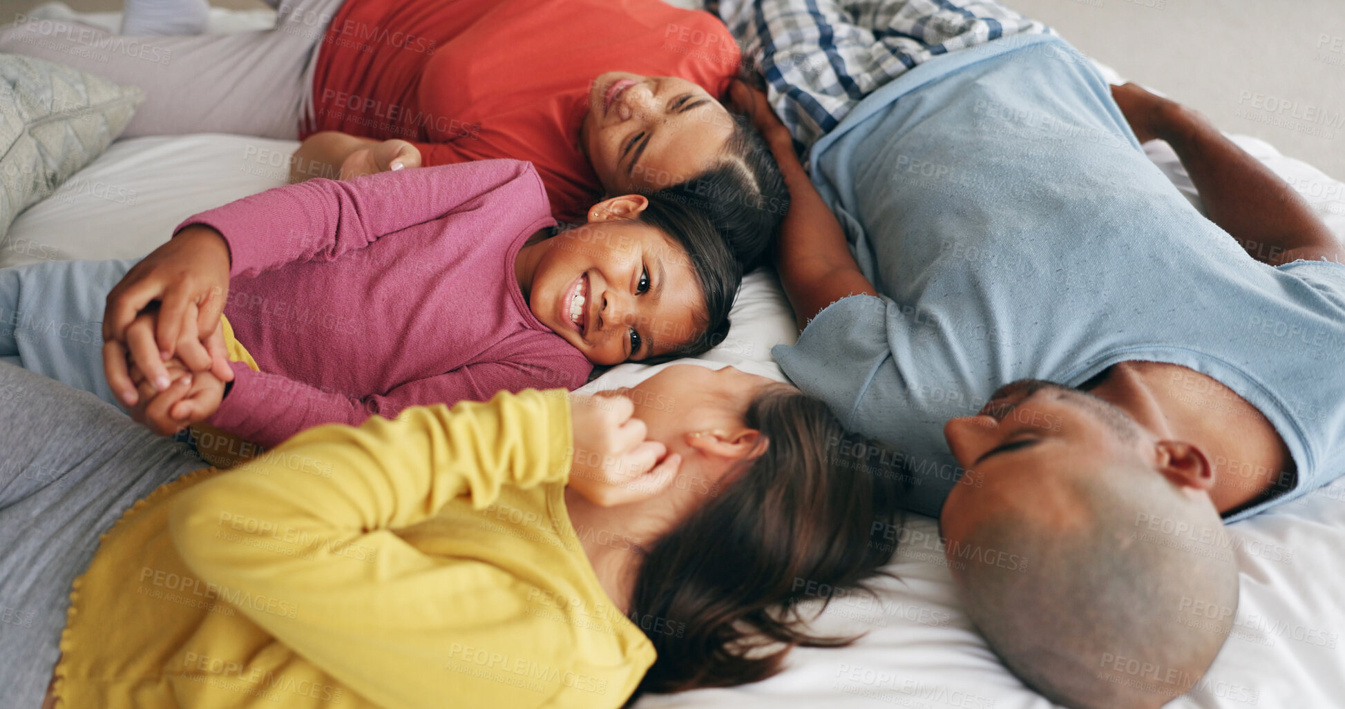 Buy stock photo Happy, parents or girls on bed with love, childcare or healthy relationship on weekend break. Smile, people or children in house with bonding, parenthood or family connection in childhood development