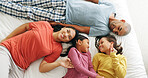 Above, parents or kids on bed with love, childcare or healthy relationship on weekend break. Smile, people or children in house with bonding, parenthood or family connection in childhood development.