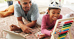 Crown, tablet and father with kid with abacus in home for skill, learning or development in math. Digital technology, counting tool and dad with child in living room for growth, bonding or education.