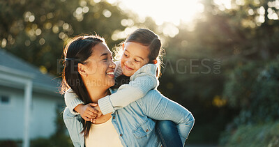 Buy stock photo Daughter, mother and piggyback with smile outdoor of home for bonding, family time or love. Carry, happy and relationship with people together for growth, security or trust as parent and child