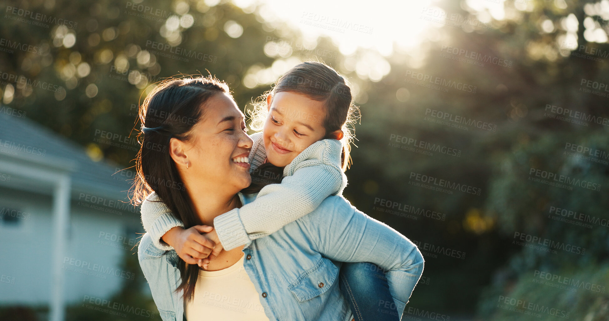 Buy stock photo Daughter, mother and piggyback with smile outdoor of home for bonding, family time or love. Carry, happy and relationship with people together for growth, security or trust as parent and child