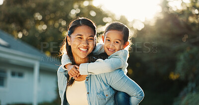 Buy stock photo Daughter, mother and piggyback with portrait outdoor of home for bonding, family time or love. Carry, relationship and smile with people together for growth, security or trust as parent and child