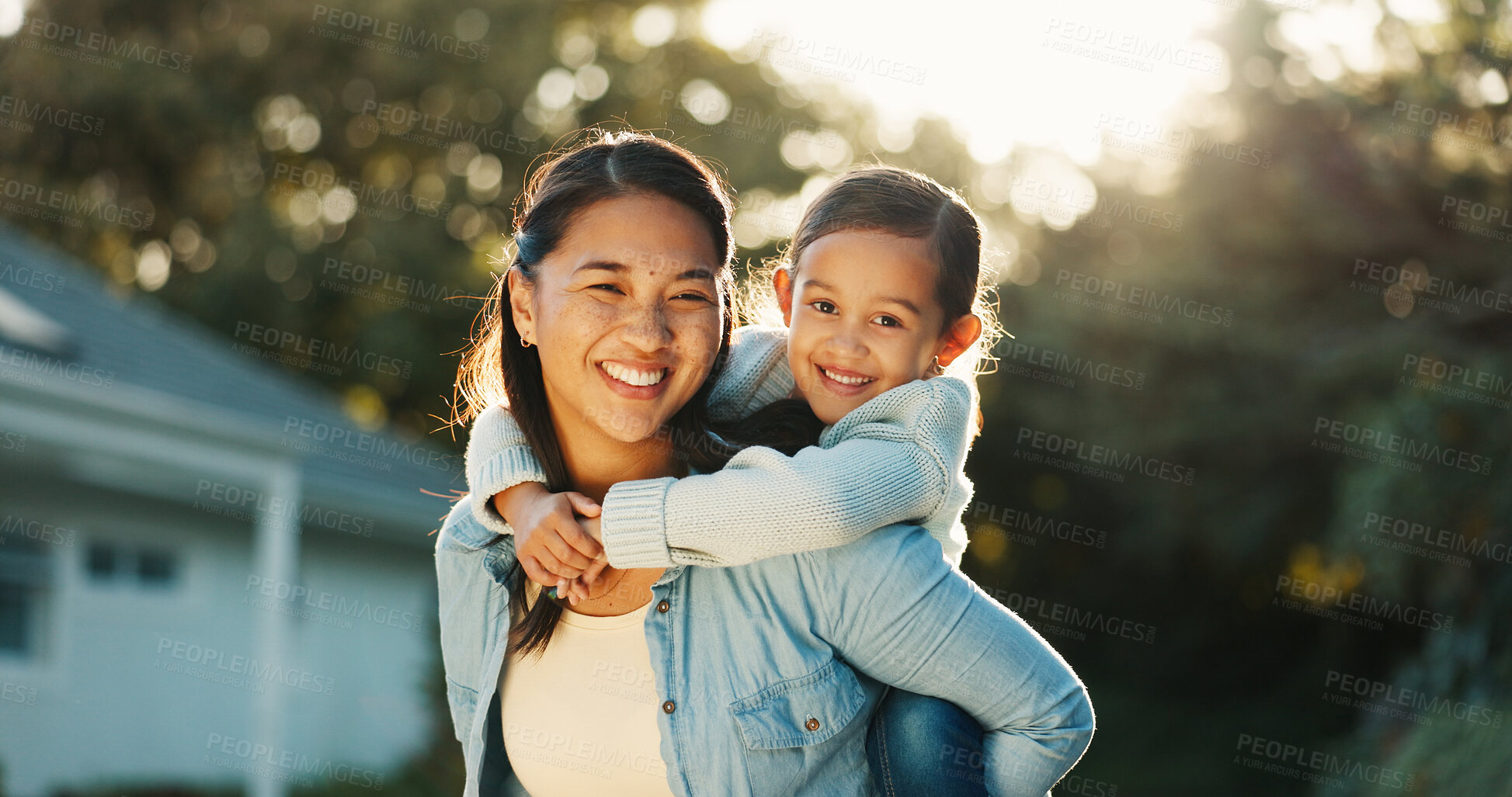 Buy stock photo Daughter, mother and piggyback with portrait outdoor of home for bonding, family time or love. Carry, relationship and smile with people together for growth, security or trust as parent and child