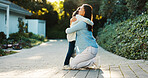 Outdoor, hug and mother with girl, love and bonding together for support, nature and smile. People, mama and daughter with embrace, happiness and fun with relationship, excited and kindness in Canada